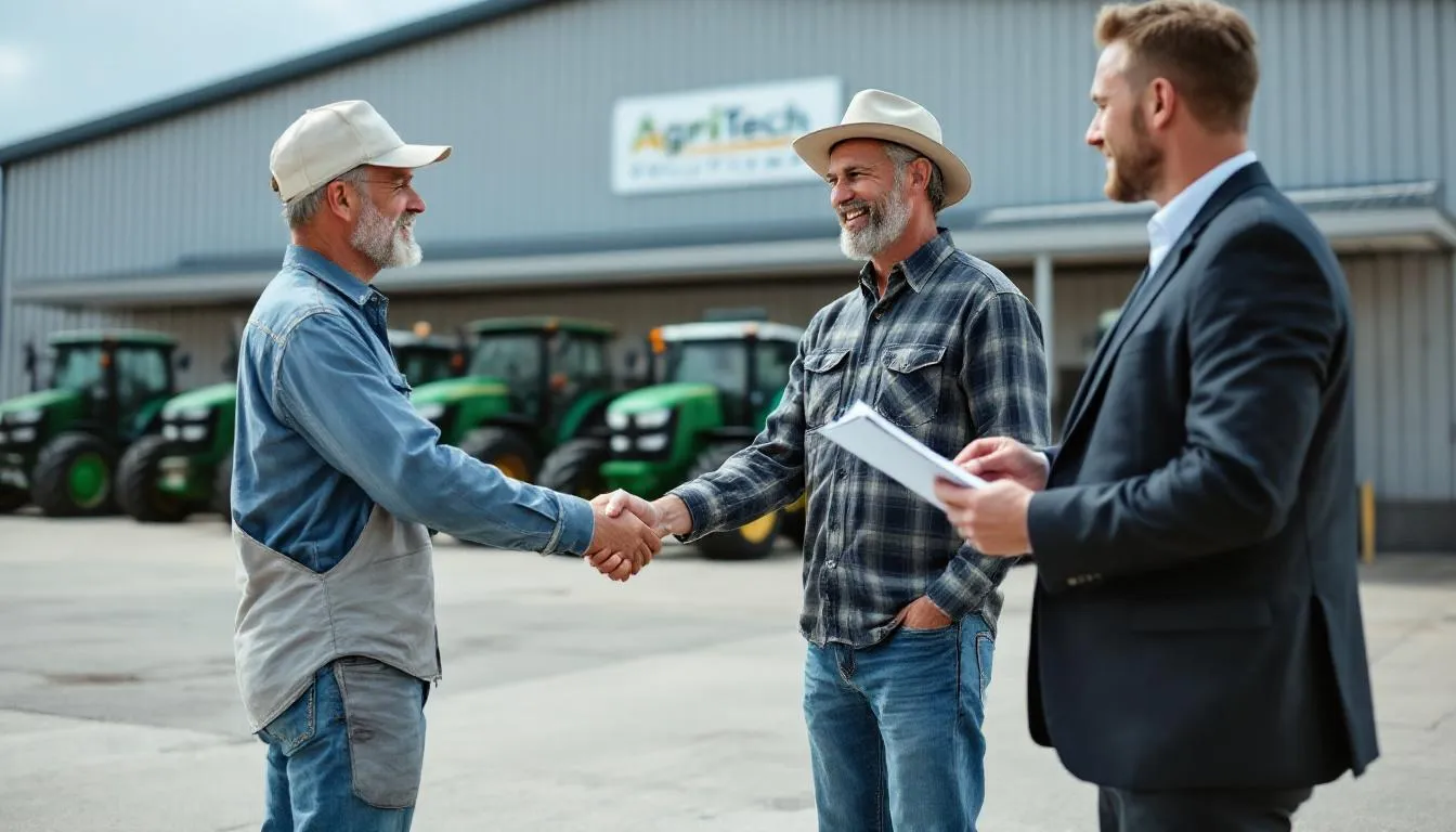 A farmer is at a farm equipment dealership, finalizing a financing agreement for a new tractor, discussing competitive rates and payment options as part of the farm equipment financing program offered by the dealer. The scene captures the farmer's focus on securing the best deal to enhance their agricultural operations.