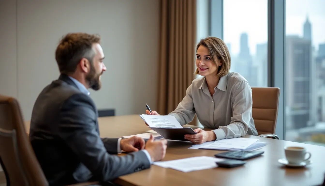 A small business owner is meeting with a reputable lender to secure a business loan, ensuring they are working with a legitimate financial institution to avoid potential loan scams. The scene conveys a sense of professionalism and trust in the loan application process.
