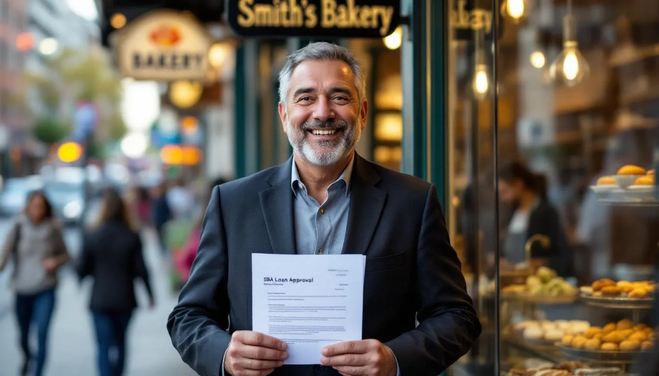 A small business owner stands confidently with a smile, celebrating their approval for an SBA loan after previously experiencing a denial. This moment signifies a turning point in their journey, highlighting the importance of understanding personal credit scores and cash flow in the SBA loan application process.