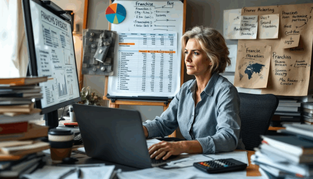 Business Franchising Guide - A small business owner is seated at a desk, reviewing documents and financial statements while considering various franchise opportunities. The scene illustrates the process of evaluating a franchise system, focusing on potential ROI and the implications of franchise fees and agreements.
