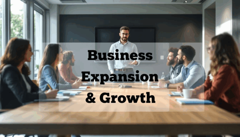 Business Expansion & Growth - A small business owner is leading a team meeting in a conference room, surrounded by a diverse group of engaged stakeholders and innovators. A transparent overlay displays the title “Business Expansion & Growth,” emphasizing the focus on strategies for increasing market share and attracting new customers.