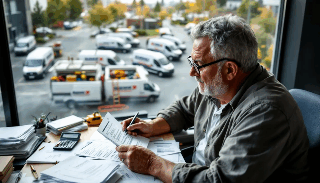 Section 179 Vehicles Tax Deductions - A business owner sits at their desk, reviewing tax paperwork with a thoughtful expression, while a window behind them reveals a parking lot filled with business cargo vans. This scene highlights the importance of Section 179 tax deductions for business vehicles, emphasizing potential tax savings and benefits for small business owners.