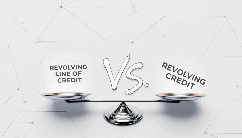 Revolving Line of Credit vs Revolving Credit - The image features a balancing scale comparing "Revolving Line of Credit" on one side and "Revolving Credit" on the other, with "Vs." positioned at the center. This visual representation highlights the distinctions between these two financial concepts, emphasizing their roles as revolving credit options for managing available credit and borrowing money.