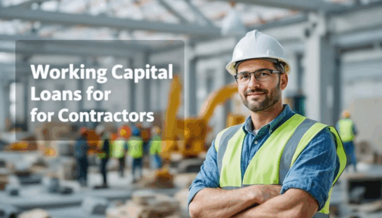 Working Capital Loans for Contractors - A small business owner stands on a bustling construction site, surrounded by a work crew engaged in various tasks, while a transparent overlay displays the title "Working Capital Loans for Contractors." This scene emphasizes the importance of financial support, such as PayPal working capital loans, for small businesses in the construction industry.