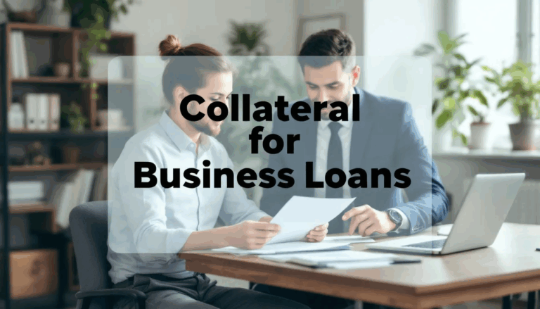What is Collateral for a Business Loan - In the image, a small business owner is engaged in a discussion with a business loan broker, reviewing their balance sheet while exploring options for collateral for business loans. A transparent overlay displays the title "Collateral for Business Loans" in bold black text, emphasizing the focus on securing financing and understanding loan collateral.