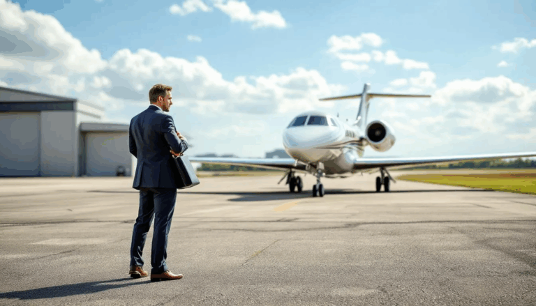 Aircraft Financing & Equipment Loans - A small business owner stands on a small airport runway, contemplating the purchase of a business jet while considering aircraft financing options, such as aircraft loans and financing strategies. The scene captures the essence of aviation financing as the owner weighs their specific aircraft financing needs against potential monthly payments and loan terms.