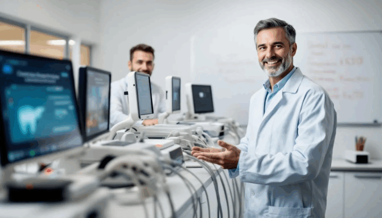 Dental Equipment Financing - A confident dental practice specialist stands in a modern dental practice, surrounded by prestigious dental equipment that highlights the advantages of dental equipment financing. The image showcases the potential for improved cash flow and enhanced patient care, illustrating how financing options can support practice owners in acquiring new or used equipment.