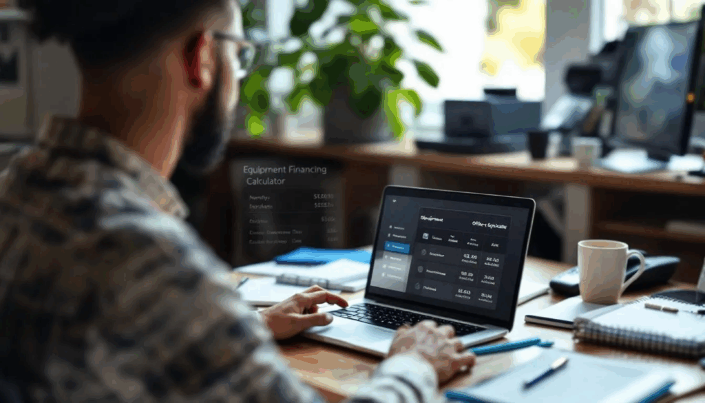 Equipment Financing Loan Calculator - A small business owner is focused on using an online equipment financing loan calculator to estimate the costs associated with purchasing new office equipment, with details about monthly payments and interest rates visible in the background. The scene conveys the importance of understanding financing options for equipment loans and their impact on business investments.