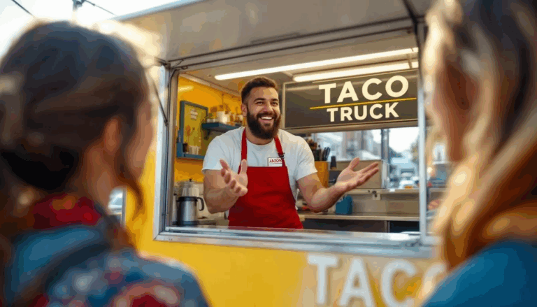 Food Truck Financing - In this image, a food truck business owner stands behind the counter of their food truck, smiling warmly at customers from their point of view, showing the posibility of food truck financing. The scene captures the essence of a food truck business, highlighting the owner's friendly demeanor as they engage with clients seeking delicious food options.