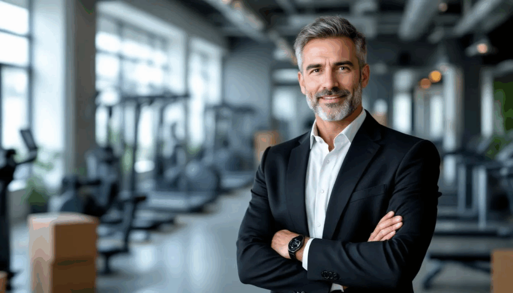 Gym Equipment Financing - A confident gym owner stands facing the camera, showcasing a successful demeanor as new state-of-the-art gym equipment is being installed in the background, highlighting the importance of financing options for fitness centers to achieve their business goals. The scene emphasizes the investment in workout equipment as a key element in enhancing the gym's offerings.
