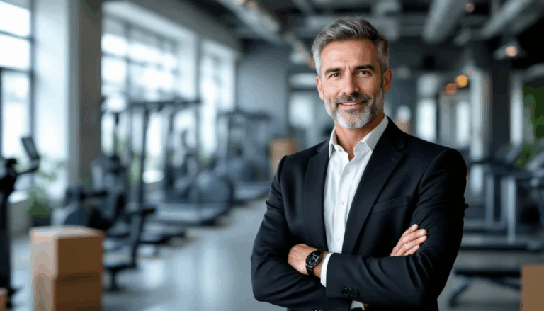 Gym Equipment Financing - A confident gym owner stands facing the camera, showcasing a successful demeanor as new state-of-the-art gym equipment is being installed in the background, highlighting the importance of financing options for fitness centers to achieve their business goals. The scene emphasizes the investment in workout equipment as a key element in enhancing the gym's offerings.