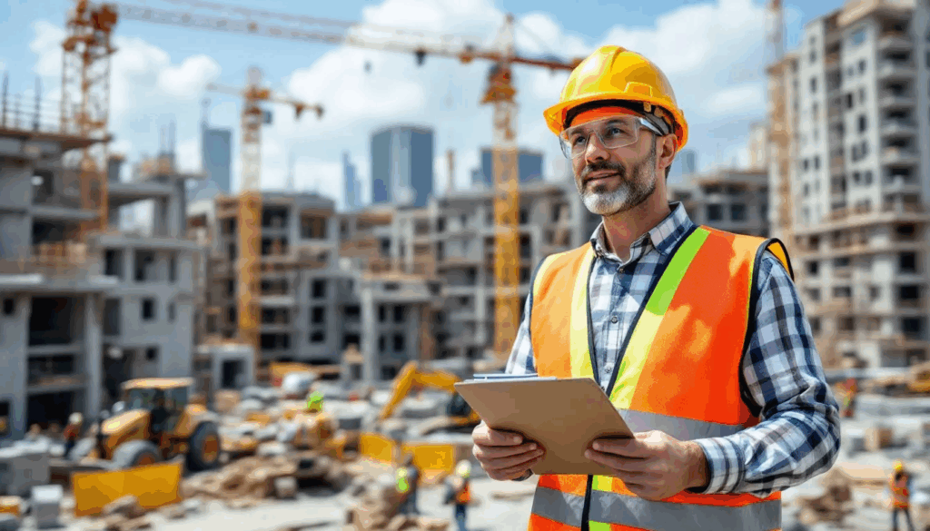 Heavy Equipment Financing - A construction contractor stands confidently in front of a large construction project, overseeing various pieces of heavy equipment actively working in the background, showcasing the importance of equipment financing for managing costs and ensuring efficient operations. The scene highlights the contractor's role in navigating financing options to acquire the right equipment for the job.