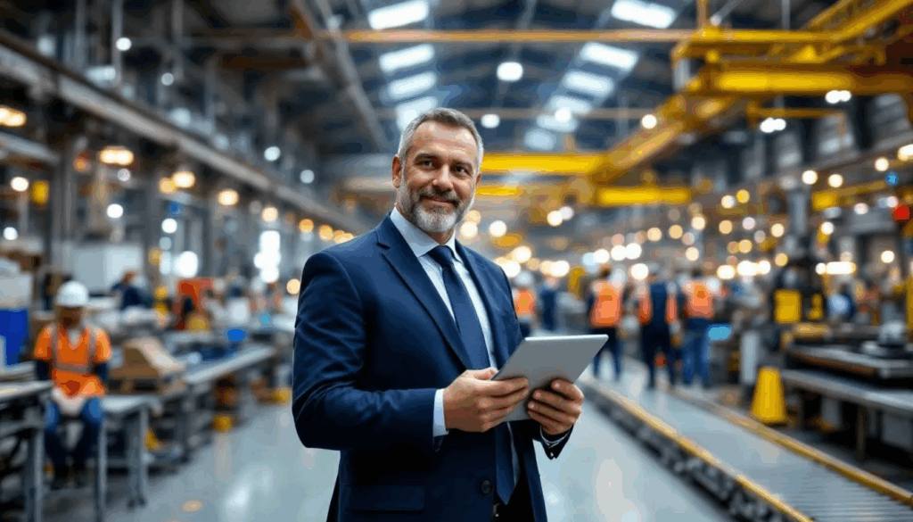 Industrial Equipment Finance - A manufacturing business owner stands on the factory floor surrounded by various industrial equipment, showcasing the bustling environment where equipment financing plays a crucial role in achieving business goals. The scene highlights the importance of industrial equipment finance enhance cash flow and support operational efficiency.