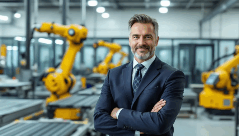 Manufacturing Equipment Financing - A confident factory owner stands on the bustling shop floor, overseeing state-of-the-art manufacturing equipment actively at work, symbolizing successful business operations and effective manufacturing equipment financing solutions. The scene highlights the importance of financing options for small businesses to achieve their manufacturing goals.