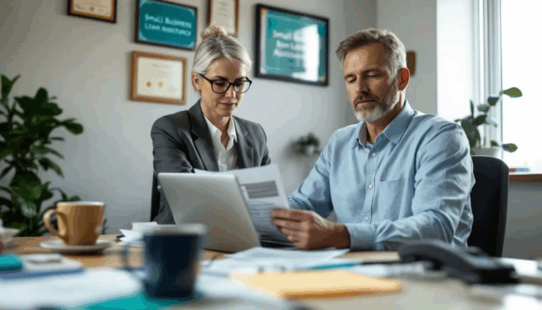 SBA 7(a) Loans - A small business owner receives one-on-one counseling filling out a loan application for the SBA 7(a) loan program, which is designed to provide financing for working capital and other business needs. Various documents related to the small business administration and credit approval can be seen scattered around, indicating the preparation for securing an SBA guaranteed loan.