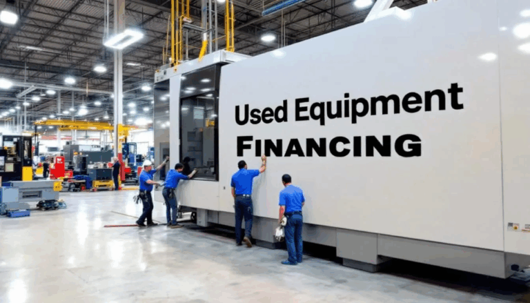 Used Equipment Financing - A factory setting shows workers installing a piece of used equipment, symbolizing the financing solutions available for small businesses to meet their equipment needs. The scene highlights the importance of flexible financing options and quick approval processes that help businesses manage upfront costs and cash flow effectively.