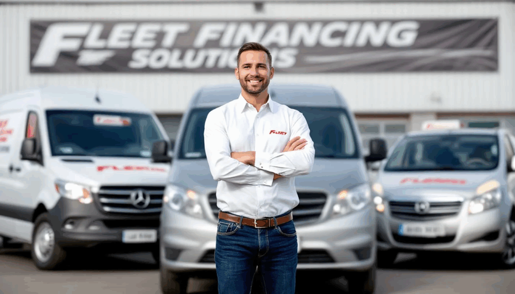 Commercial Fleet Vehicle Financing - A small business owner stands proudly on a lot surrounded by a fleet of commercial vehicles, symbolizing the importance of fleet financing for small businesses. This image highlights the various financing options available to help manage cash flow and meet operational requirements.