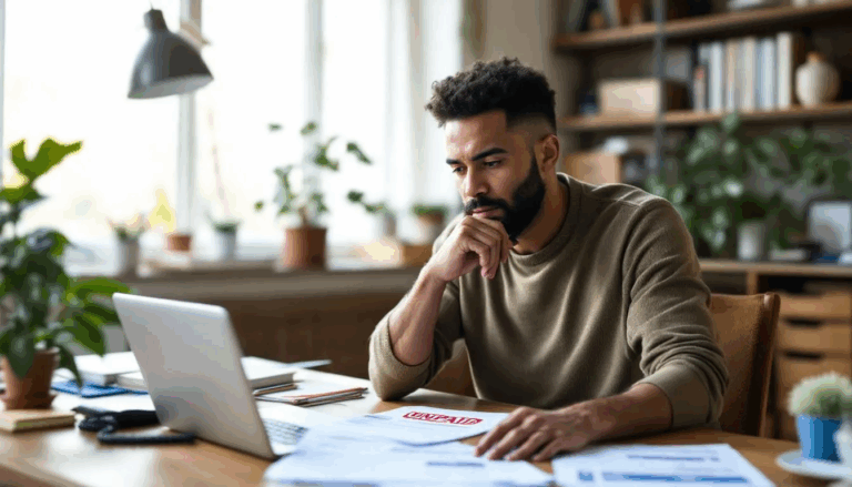 Invoice Financing - A small business owner is seated at a desk, anxiously reviewing an outstanding invoice that remains unpaid by a customer, contemplating the use of invoice financing to alleviate cash flow challenges. The scene reflects the stress of managing accounts receivable and the potential benefits of invoice factoring to secure immediate working capital.