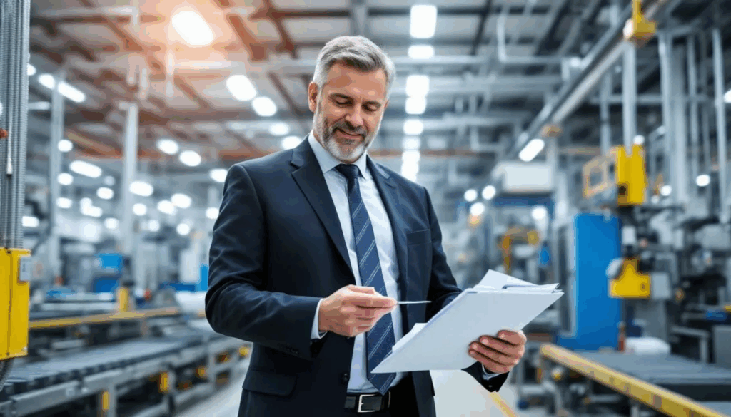 Manufacturing Factoring - A manufacturing business owner stands on the factoring floor, contemplating various manufacturing invoice factoring options to enhance cash flow and address financial challenges. The scene captures the owner deep in thought, surrounded by paperwork related to outstanding invoices and cash flow solutions essential for managing their manufacturing company's growth.