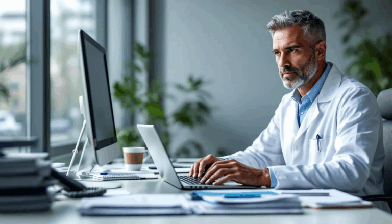 Medical Factoring Companies - A hospital administrator in a white lab coat is seated at an office desk, focused on researching medical factoring companies to improve cash flow for healthcare providers. The scene highlights the importance of medical receivables factoring in ensuring steady cash flow and managing outstanding invoices within the healthcare industry.