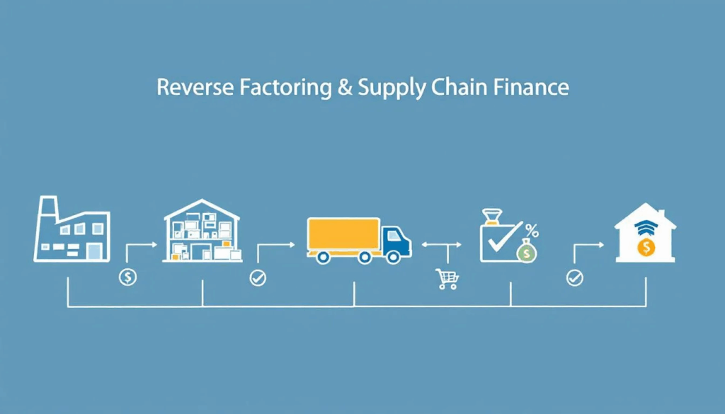 Reverse Factoring and Supply Chain Finance - The image illustrates the concept of supply chains through various icons, showcasing the flow of goods and services, with the title "Reverse Factoring & Supply Chain Finance" prominently displayed at the top. This visual representation highlights the interconnectedness of businesses, which can benefit from financial tools and support to enhance their cash flow and operational success.
