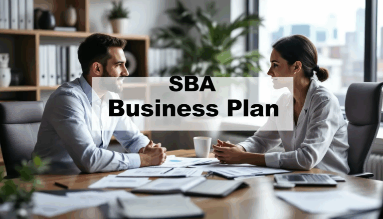 SBA Business Plan - In the image, a small business owner is engaged in an important meeting with a business loan advisor, discussing the development of a business plan. A transparent overlay displays the title "SBA Business Plan" in bold black text, emphasizing the focus on funding and support for small business owners.