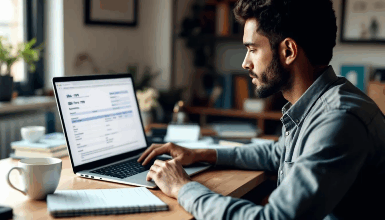 SBA Form 1919 - A small business owner is seated at a desk, focused on completing the SBA Form 1919, which is crucial for their SBA loan application. The form includes sections for borrower information, business affiliates, and eligibility questions, helping the owner provide necessary details to secure financial assistance from an online lender.