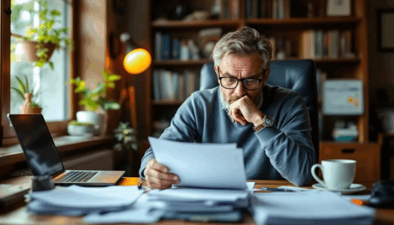 SBA Loan Down Payment - A small business owner is sitting at a desk, reviewing an SBA loan application while contemplating the minimum down payment required for SBA loan approval. The scene reflects the process of securing financing through SBA loans, highlighting the importance of understanding eligibility requirements and loan options available for small businesses.
