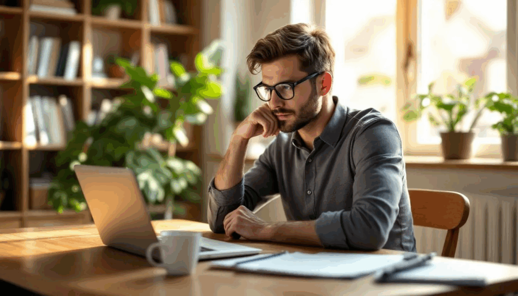 Small Business Factoring - A small business owner is sitting at a desk, reviewing accounts receivable documents and considering invoice factoring as a solution for improving cash flow and getting paid sooner. The scene reflects the challenges of managing unpaid invoices and the potential benefits of working with an invoice factoring company.