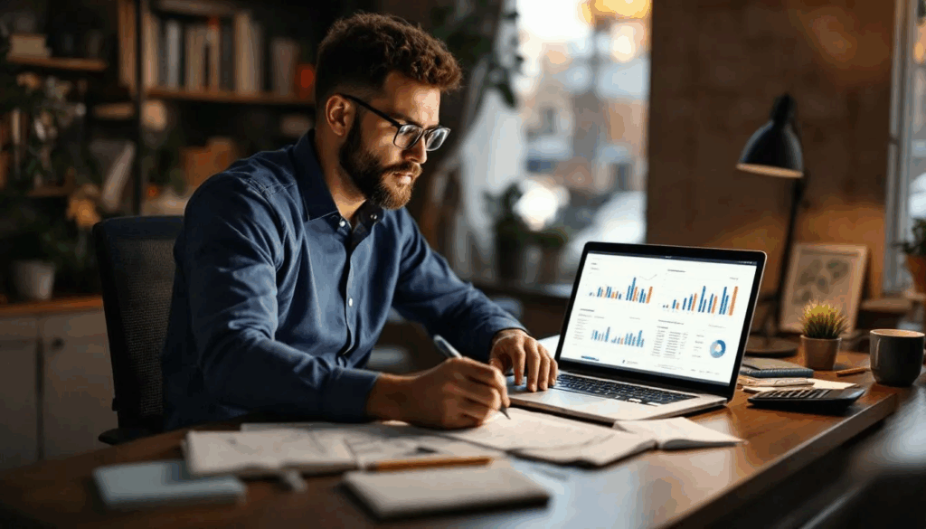 Why Was My SBA Loan Declined - In the image, a small business owner is focused on calculating realistic financial projections, surrounded by papers and a calculator, as they strategize ways to improve their SBA loan application after being denied. The scene reflects their determination to understand factors such as cash flow, personal credit scores, and debt-to-income ratio to enhance their chances of securing future small business loans.