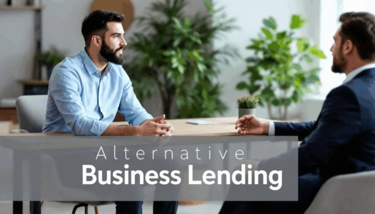 Alternative Business Lending - In the image, a small business owner is engaged in a discussion with a business loan broker, surrounded by a transparent overlay that reads "Alternative Business Lending." The scene captures the essence of exploring various business financing options, highlighting the importance of alternative lenders and their role in providing small business loans.
