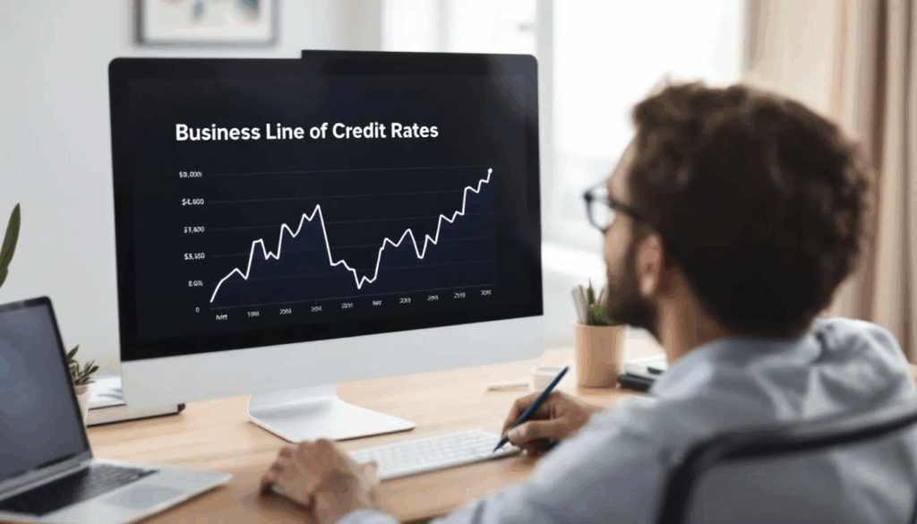 Business Line of Credit Rates - The image shows a small business owner intently focused on a computer screen displaying a line chart titled "Business Line of Credit Rates," illustrating competitive interest rates for various business loans. The owner is likely researching options to manage cash flow and secure the best credit line for their small business financing needs.