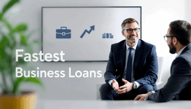 Fastest Business Loans - A small business owner is engaged in a discussion with a business loan broker, with a visual backdrop featuring icons representing a briefcase for business, an arrow, and a stack of cash symbolizing loans. The image includes a transparent overlay with the title "Fastest Business Loans," highlighting options for small business financing and cash flow management.