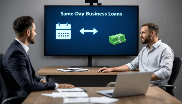 Same-Day Business Loans - In the image, a small business owner is engaged in a discussion with a broker about small business loans, with a screen behind them displaying a calendar day icon and an arrow leading to a stack of cash. The title "Same-Day Business Loans" is prominently featured at the top, emphasizing quick funding options for small businesses.