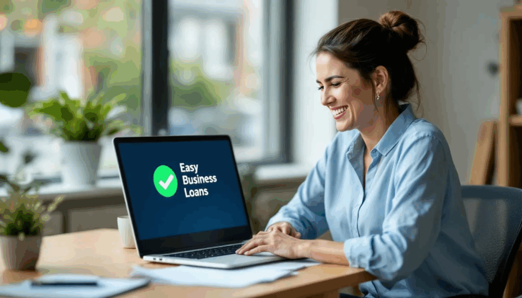 Best Easy Business Loans - A small business owner is focused on a computer screen displaying an icon of a stack of cash with a green check mark, alongside the title "Easy Business Loans." This image highlights the potential for small business loans and financing options available to business owners.