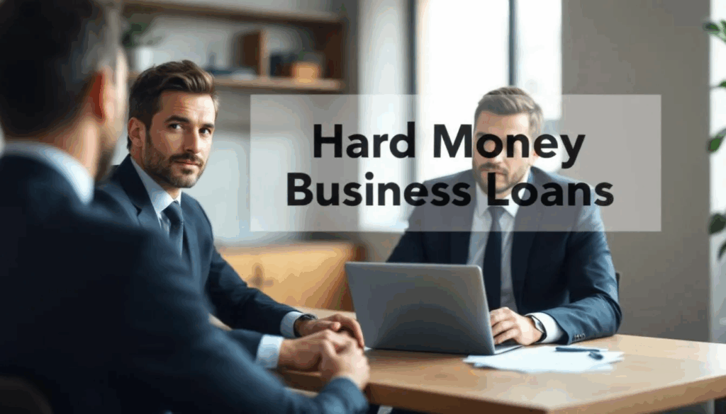 Hard Money Business Loan Options - A small business owner is engaged in a discussion with a private lender about various business loan options, including hard money business loans. The image features a transparent overlay with the title "Hard Money Business Loans," emphasizing the focus on alternative financing solutions for small businesses.