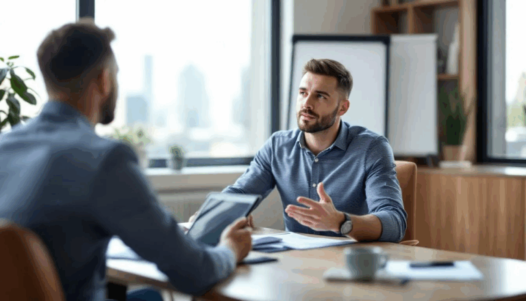 High-Risk Business Loans - A small business owner is engaged in a conversation with a business loan broker about various loan options, highlighted by a transparent overlay that reads "High-Risk Business Loans." The setting suggests a focus on alternative funding options for businesses that may be considered high risk due to factors like poor credit or cash flow challenges.