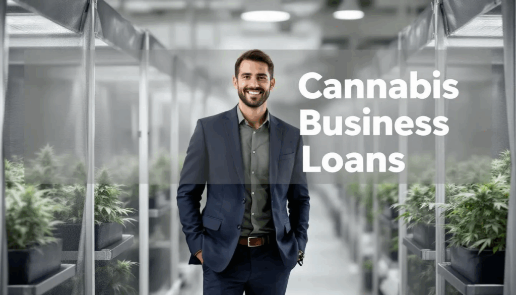 Cannabis Business Loans - In the image, a happy cannabis business owner stands in a legal dispensary, surrounded by vibrant cannabis plants, symbolizing success in the cannabis industry. A transparent overlay displays the title "Cannabis Business Loans," highlighting financing options available for cannabis entrepreneurs.