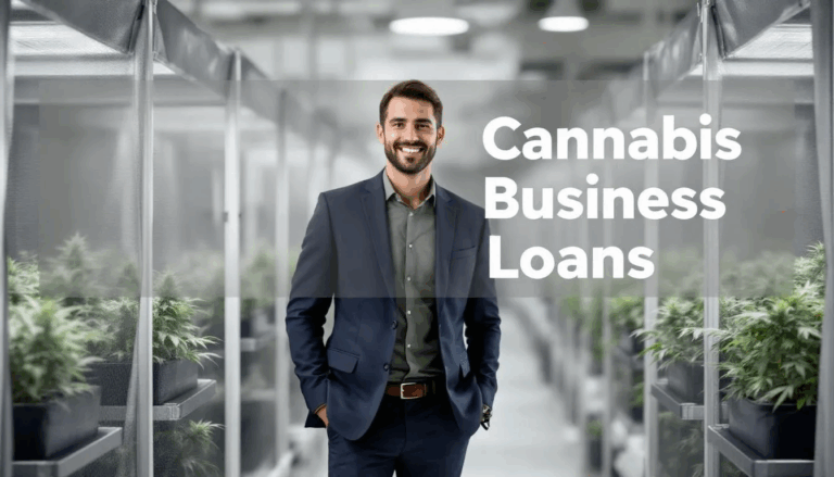 Cannabis Business Loans - In the image, a happy cannabis business owner stands in a legal dispensary, surrounded by vibrant cannabis plants, symbolizing success in the cannabis industry. A transparent overlay displays the title "Cannabis Business Loans," highlighting financing options available for cannabis entrepreneurs.