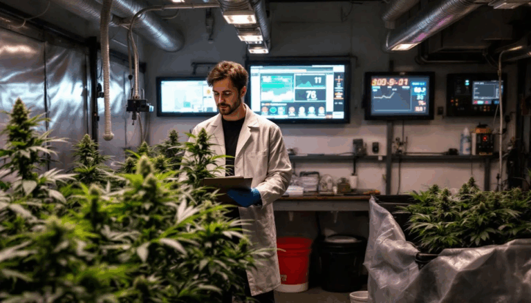 Cannabis Equipment Financing - A cannabis grower stands in a well-lit grow room, surrounded by healthy cannabis plants and various cannabis equipment, showcasing the right equipment essential for their unique business. This environment highlights the importance of proper financing solutions and operational expenses in the thriving cannabis industry.