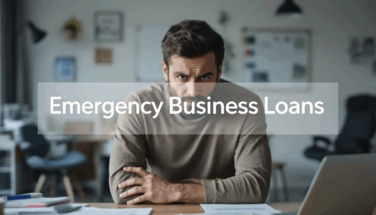 Emergency Business Loans - A small business owner appears distressed as they seek emergency funding to navigate a challenging situation, with a transparent overlay displaying the title "Emergency Business Loans." The image emphasizes the urgency of obtaining financial assistance, such as SBA disaster loans or emergency business loans, to sustain their operations.