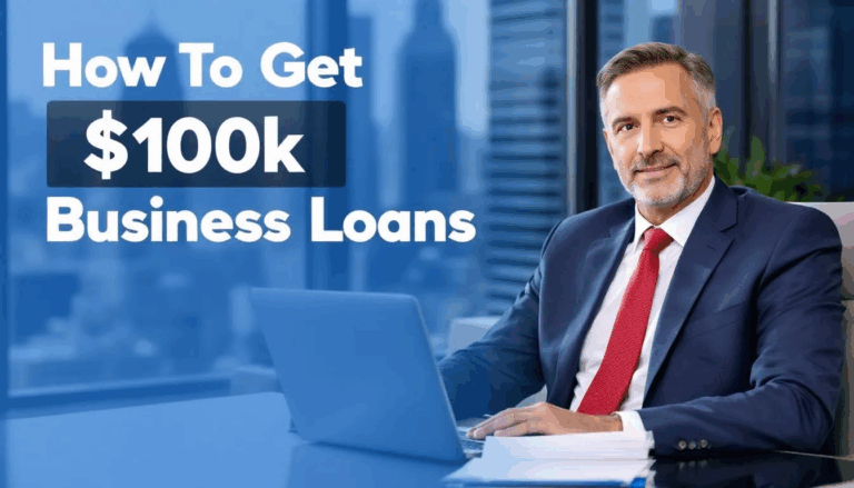 How To Get $100k Business Loans - A confident small business owner sits in a well-organized office, exuding success, with a transparent overlay displaying the title "How to Get $100k Business Loans." The image highlights the importance of understanding business finance and loan options, emphasizing the potential for small business loans and credit approval.