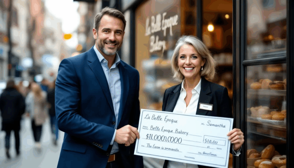 How to Get a 1 Million Dollar Business Loan - A small business owner is joyfully receiving a $1 million business loan, which will help fuel growth and improve cash flow. The scene captures the excitement of the approval process, highlighting the importance of a good business credit score and the financial protection this funding provides for their business operations.