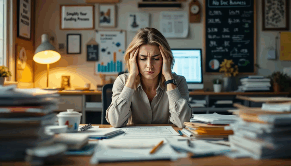 No Doc Business Loans - A small business owner is overwhelmed by the extensive documentation required for traditional loans and is seeking no doc business loans for easier access to funding. The image illustrates the challenges of the loan application process, highlighting the need for less paperwork and more efficient financing options.