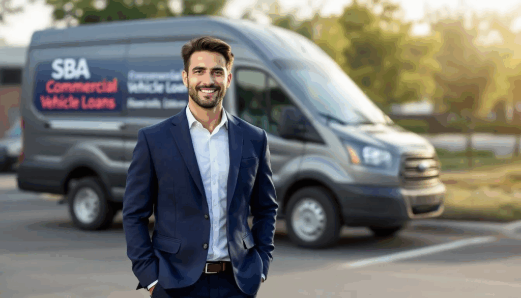 SBA Commercial Vehicle Loans - A confident small business owner stands proudly in front of a newly acquired commercial vehicle, symbolizing the benefits of SBA commercial vehicle loans as a financing solution for business growth. This image represents the potential for success in the trucking industry, showcasing the importance of sound business purposes and competitive rates in financing options.
