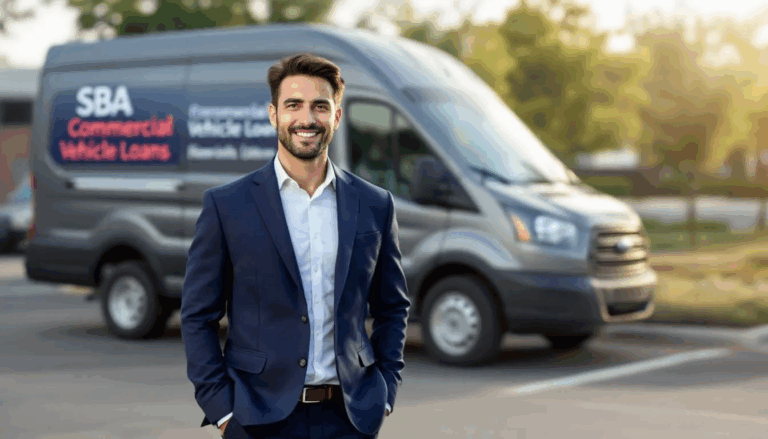 SBA Commercial Vehicle Loans - A confident small business owner stands proudly in front of a newly acquired commercial vehicle, symbolizing the benefits of SBA commercial vehicle loans as a financing solution for business growth. This image represents the potential for success in the trucking industry, showcasing the importance of sound business purposes and competitive rates in financing options.