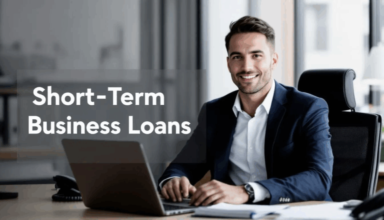 Short-Term Business Loans - A confident small business owner sits in a well-organized office, exuding success, with a transparent overlay displaying the title "Short-Term Business Loans." This image represents the importance of financing solutions for small businesses, highlighting options like short-term business loans to meet immediate business needs.
