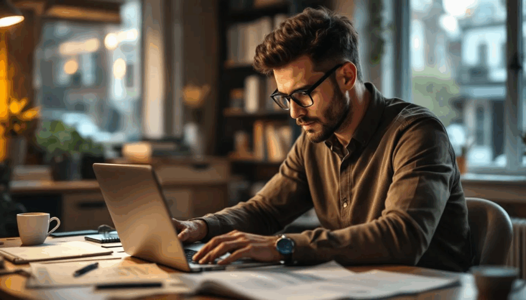 Best Commercial Lenders - A small business owner is sitting at a desk, surrounded by documents and a laptop, researching various financing options and comparing the best commercial lenders for securing a small business loan. The scene captures the essence of decision-making for commercial real estate loans, emphasizing the importance of credit approval and interest rates in achieving their business goals.