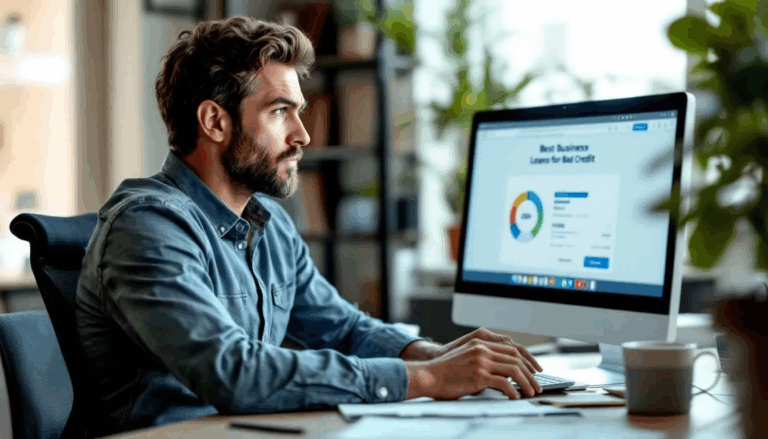 Best Business Loans for Bad Credit - A small business owner is sitting at a desk, intently looking at a computer screen displaying a graphic of a low credit score along with the title "Best Business Loans for Bad Credit." The image conveys the owner's focus on researching loan options to improve their business credit score and secure funding despite a poor credit history.