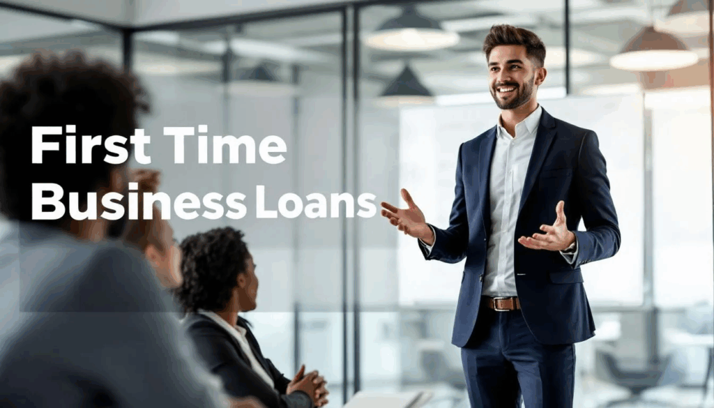 First Time Business Loans - A young entrepreneur is leading a team meeting at a vibrant startup, showcasing a diverse group of individuals engaged in discussion. The image features a transparent overlay with the title "First Time Business Loans," highlighting the importance of financial support for new business owners seeking startup business loans.